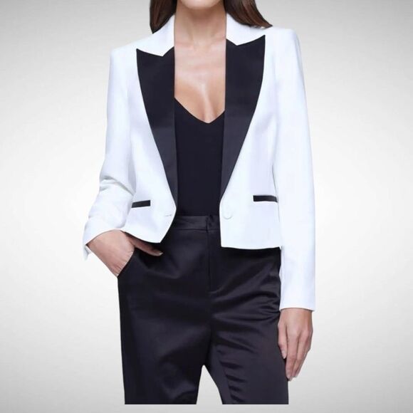 L’AGENCE Scarlet White Colorblock Tuxedo Crop Blazer Jacket Size‎ 2 Satin Lapel - Picture 1 of 13